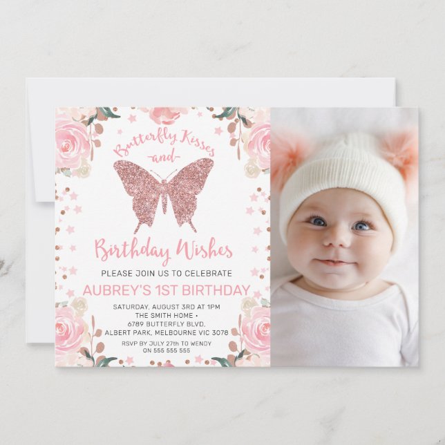 Invitación Rosa Purpurina de oro Foto Mariposa Besos Cumpleañ (Anverso)