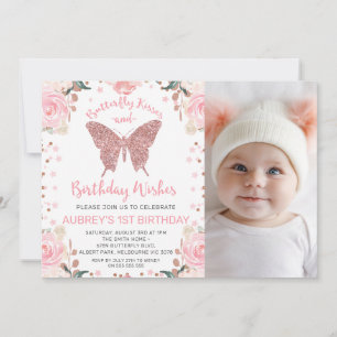 Invitación Rosa Purpurina de oro Foto Mariposa Besos Cumpleañ
