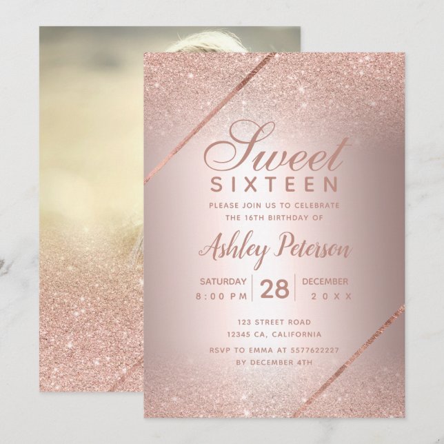 Invitación Rosa purpurina de oro foto metálica Sweet 16 (Anverso / Reverso)