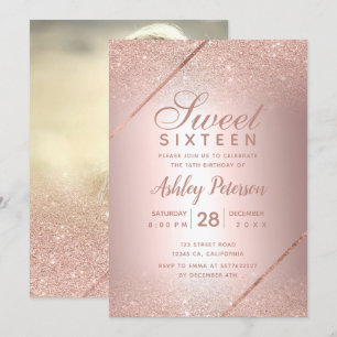 Invitación Rosa purpurina de oro foto metálica Sweet 16