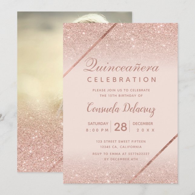 Invitación Rosa purpurina de oro foto rosa Quinceanera (Anverso / Reverso)