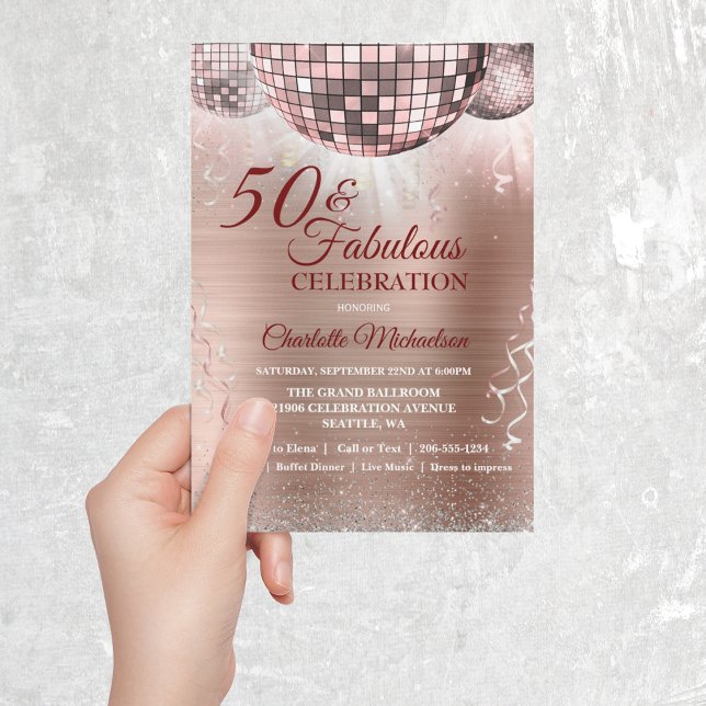 Invitación Rosa Purpurina de oro Glam 50 y Fabulous Disco Bal (Subido por el creador)