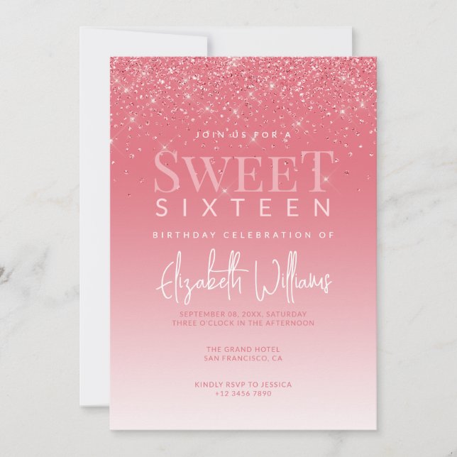 Invitación Rosa Purpurina de Oro Glam Sweet Dieciséis Cumplea (Anverso)