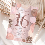 Invitación rosa purpurina de oro globo metálico Sweet 16 foto<br><div class="desc">Una moderna, moda y elegante rosa de oro secuela una dulce invitación a la fiesta de 16 años con una moderna tipografía de 16 años con globos rosa rosa purpurina de oro pintados a mano rosa pastel, rosa de purpurina de oro, secuencias, globos de racimo rosa pálido con elegante tipografía...</div>