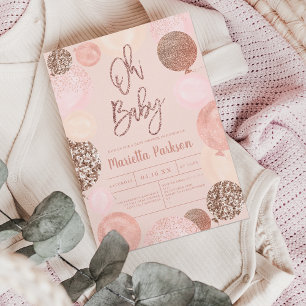 Invitación Rosa purpurina de oro globos rosa rubor ducha bebé