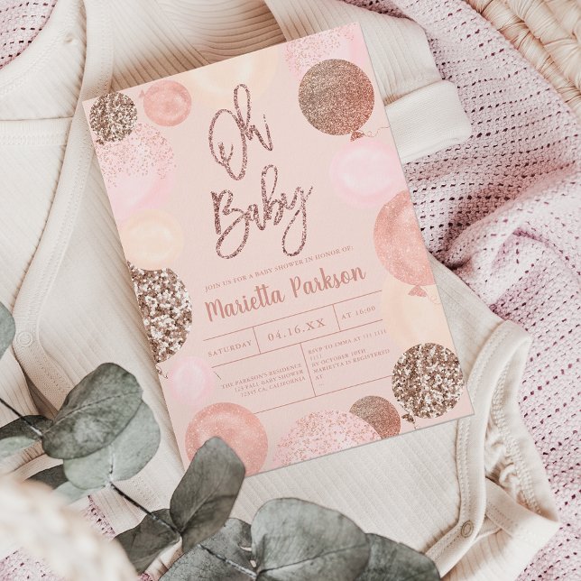 Invitación Rosa purpurina de oro globos rosa rubor ducha bebé (Subido por el creador)