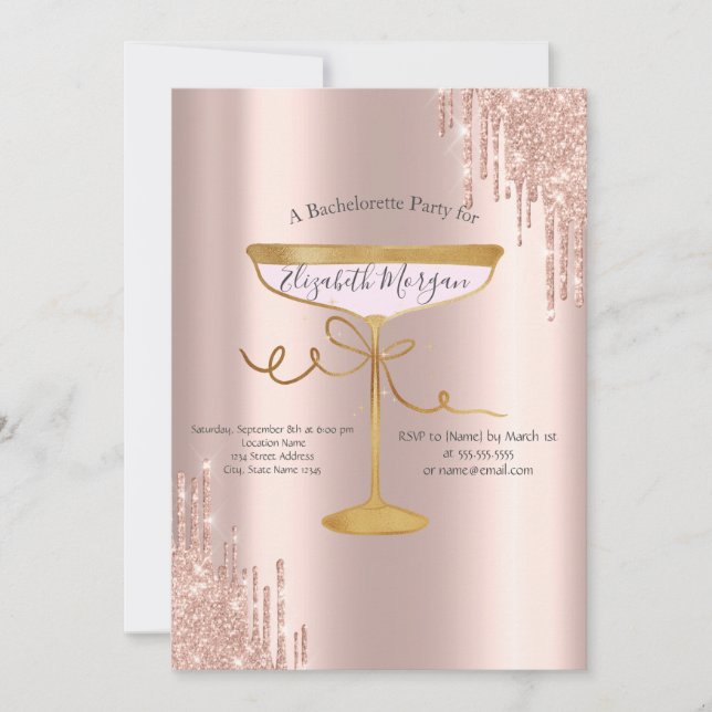 Invitación Rosa Purpurina de oro gotea bachillerato de vidrio (Anverso)