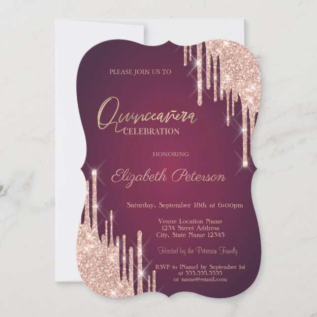 Invitación Rosa Purpurina de oro gotea Borgoña Quinceanera (Anverso)