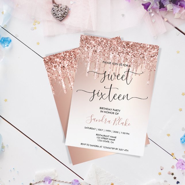 Invitación Rosa Purpurina de oro gotea dulzura Girly moderna  (Subido por el creador)
