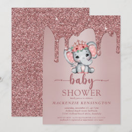 Invitación Rosa Purpurina de oro gotea elefante dulce niña