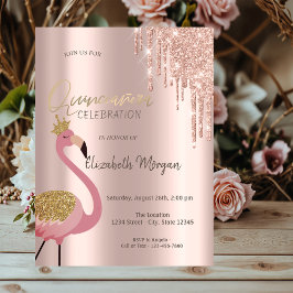 Invitación Rosa Purpurina de oro gotea Flamingo rosa Quinceañ