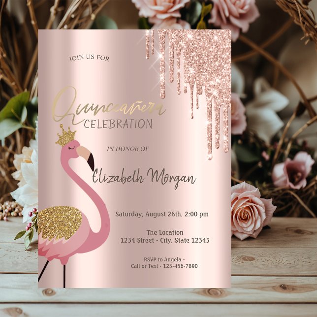 Invitación Rosa Purpurina de oro gotea Flamingo rosa Quinceañ (Subido por el creador)
