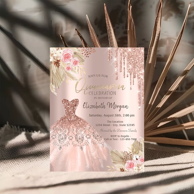 Invitación Rosa Purpurina de oro gotea flores de vestir Quinc (Subido por el creador)