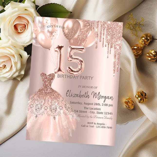 Invitación Rosa Purpurina de oro gotea globos de vestir Quinc (Subido por el creador)
