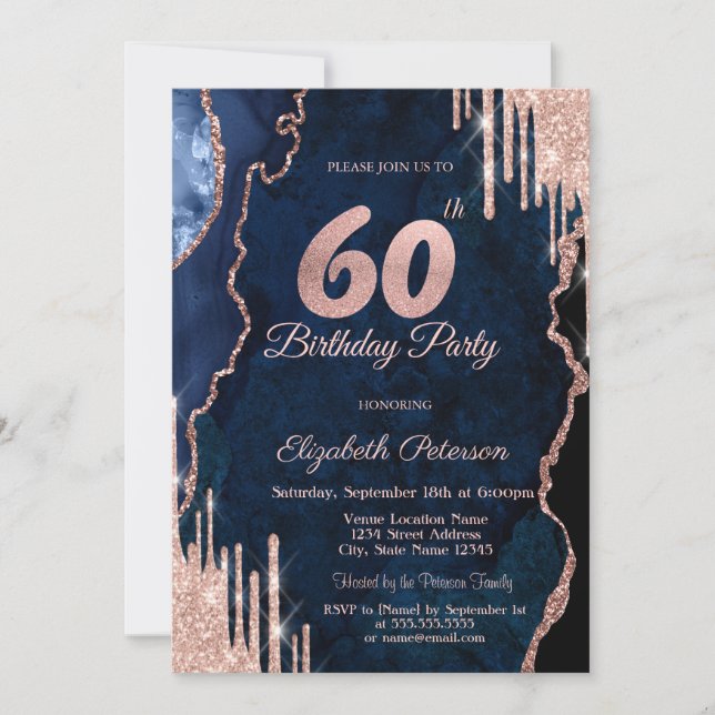 Invitación Rosa Purpurina de oro gotea mármol azul agate 60 (Anverso)