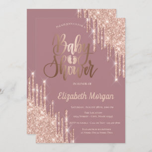 Invitación Rosa Purpurina de oro gotea sobre los pies del beb