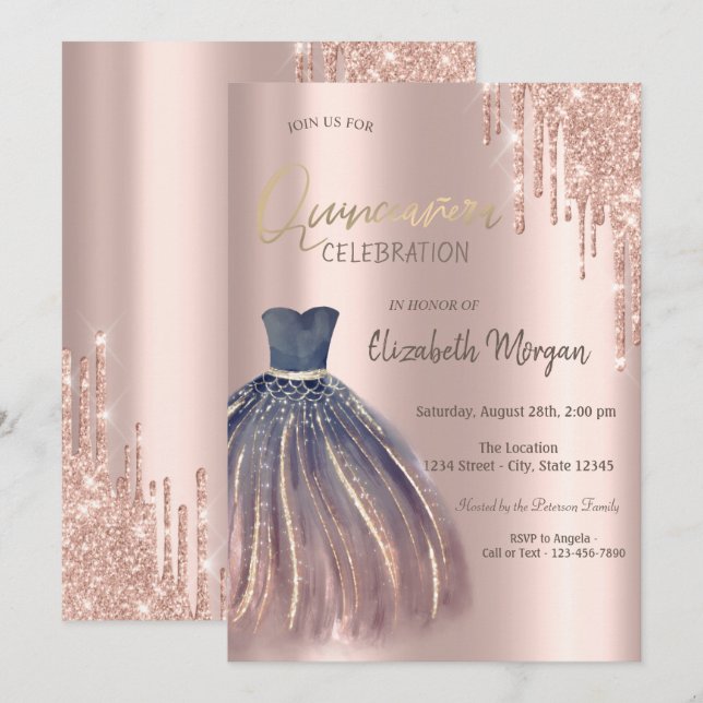 Invitación Rosa Purpurina de oro gotea vestido de Moda Quince (Anverso / Reverso)