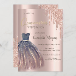 Invitación Rosa Purpurina de oro gotea vestido de Moda Quince