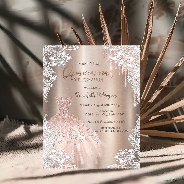 Invitación Rosa Purpurina de oro gotea vestido Lace Quinceañe (Subido por el creador)