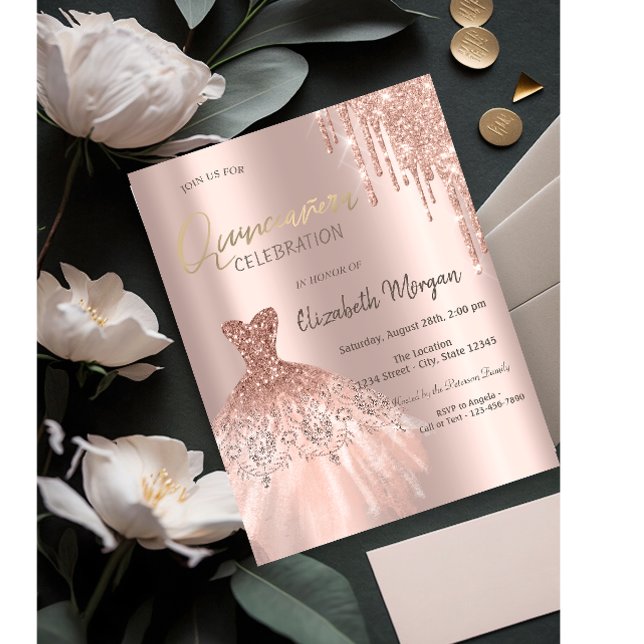 Invitación Rosa Purpurina de oro gotea vestido Quinceañera (Subido por el creador)