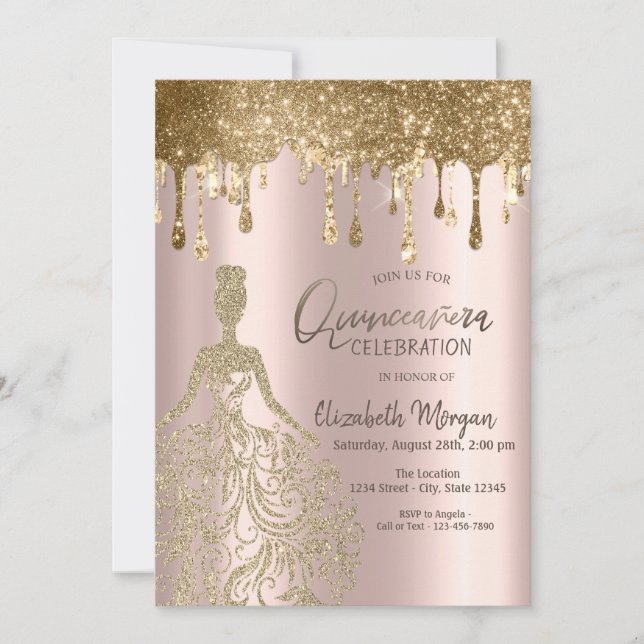 Invitación Rosa Purpurina de oro goteo Vestido Quinceanera (Anverso)