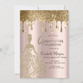 Invitación Rosa Purpurina de oro goteo Vestido Quinceanera