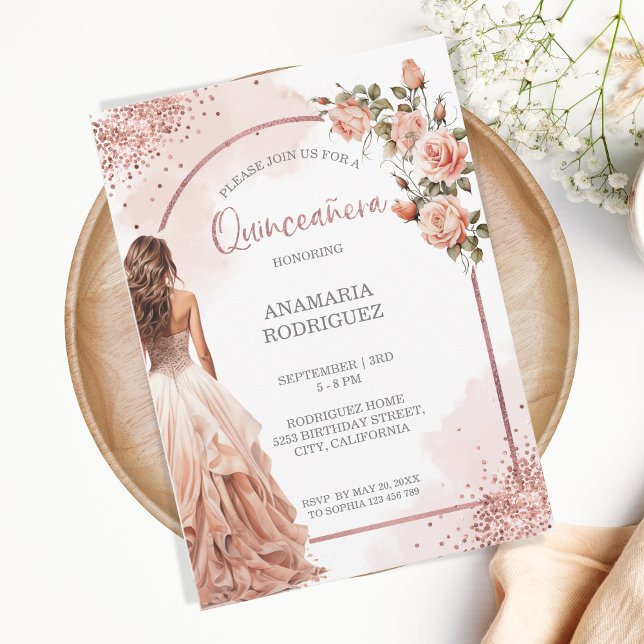 Invitación Rosa Purpurina de Oro Gown Rubor Floral Quinceaner (Subido por el creador)