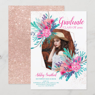 Invitación Rosa purpurina de oro graduación de foto de flores