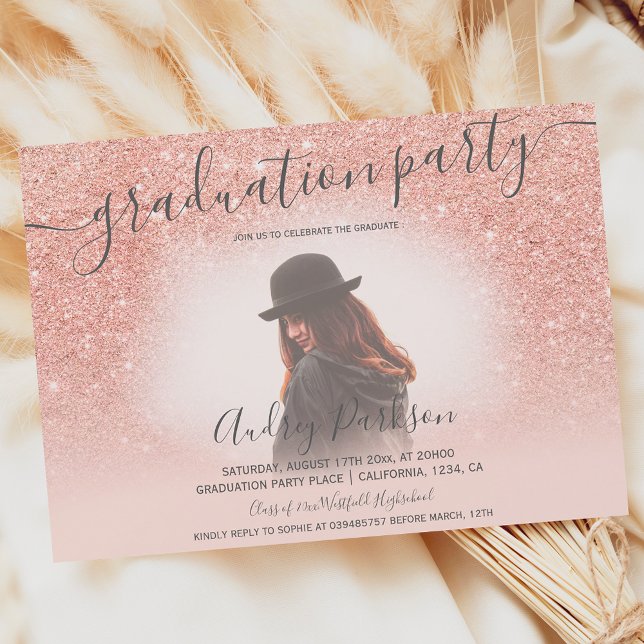 Invitación Rosa purpurina de oro graduación de foto de moda r (Subido por el creador)