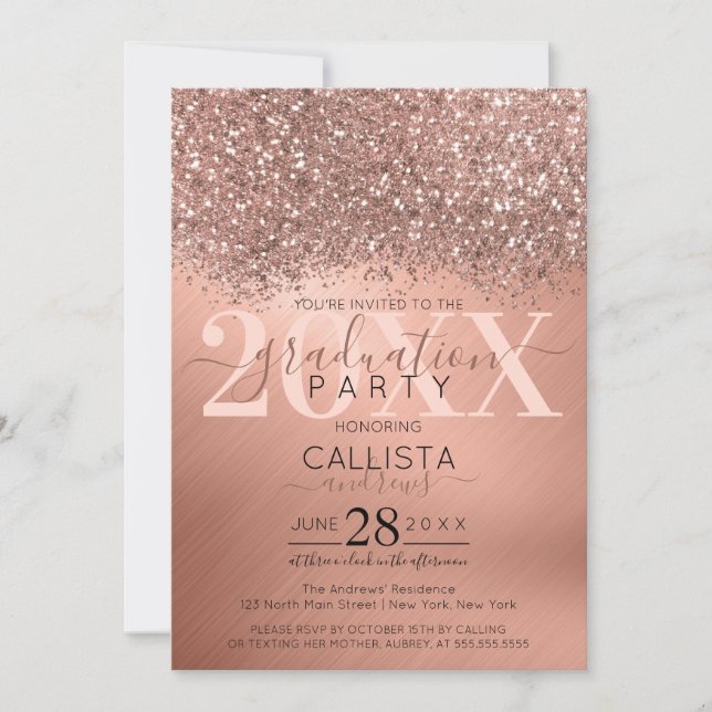 Invitación Rosa Purpurina de Oro Graduación Metálica Confetti (Anverso)