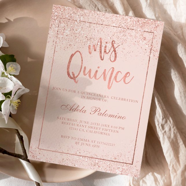 Invitación Rosa purpurina de oro guión de marco rubio Quincea (Subido por el creador)