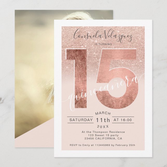 Invitación Rosa purpurina de oro guión foto de quinceañera ru (Anverso / Reverso)
