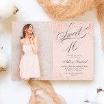 Invitación rosa purpurina de oro guion foto rosa rubor Sweet<br><div class="desc">Un purpurina de oro rosa moderno y sencillo brilla con estilo en la invitación de fiesta de personalizable color rosa dulce de dieciséis años,  añada su foto con un elegante guión de caligrafía de remolinos.</div>