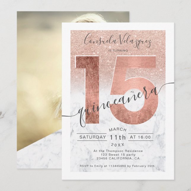 Invitación Rosa purpurina de oro guión mármol quinceañera fot (Anverso / Reverso)