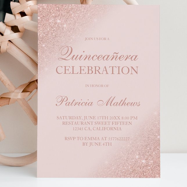 Invitación Rosa purpurina de oro guión rosa rosa Quinceanera (Subido por el creador)