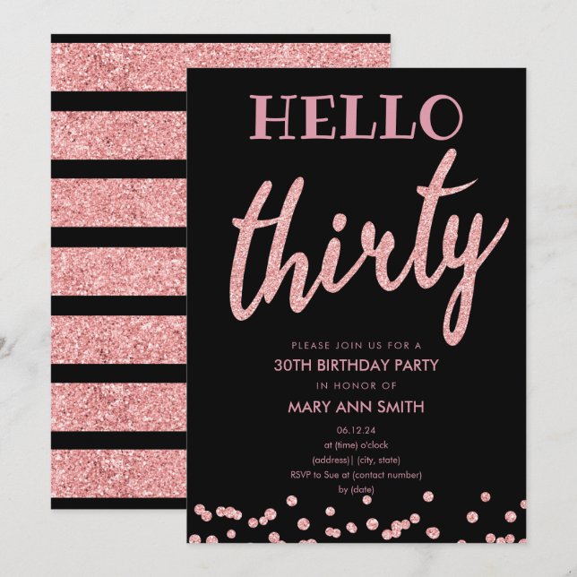 Invitación Rosa Purpurina de oro "Hello Thirty" Fiesta de cum (Anverso / Reverso)