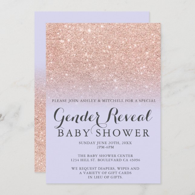 Invitación Rosa purpurina de oro lavender género revelar bebé (Anverso / Reverso)