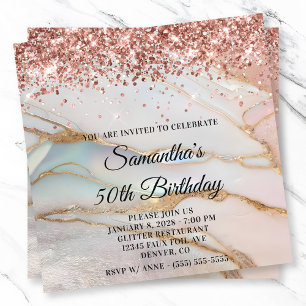 Invitación Rosa Purpurina de oro Marble Opal 50 cumpleaños
