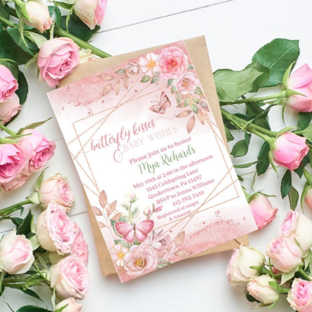 Invitación Rosa purpurina de oro mariposa acuarela ducha bebé (Subido por el creador)