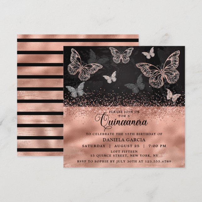 Invitación Rosa Purpurina de oro Mariposa moderna Quinceañera (Anverso / Reverso)