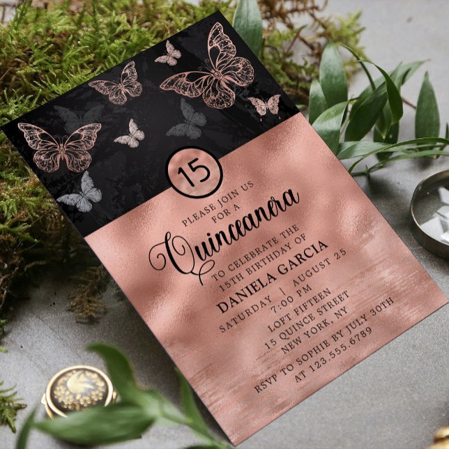 Invitación Rosa Purpurina de oro Mariposa moderna Quinceañera (Subido por el creador)