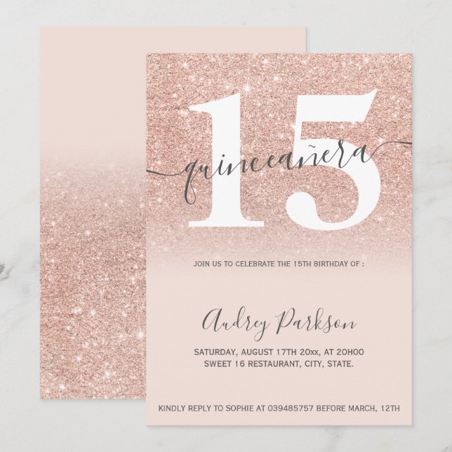 Invitación Rosa purpurina de oro moda rubor rosa quinceanera (Anverso / Reverso)