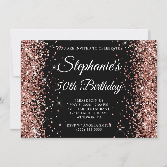 Invitación Rosa Purpurina de oro Monograma negro 50 cumpleaño (Anverso)