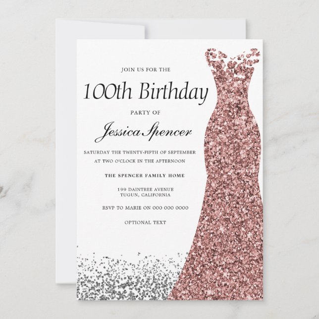 Invitación Rosa Purpurina de Oro Mujeres 100 cumpleaños (Anverso)
