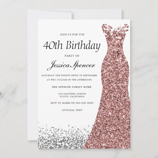 Invitación Rosa Purpurina de oro mujeres 40 Fiestas de cumple (Anverso)