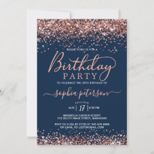 Invitación Rosa Purpurina de oro Navy azul cualquier cumpleañ