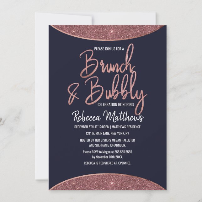 Invitación Rosa Purpurina de oro Navy Brunch circular azul bu (Anverso)