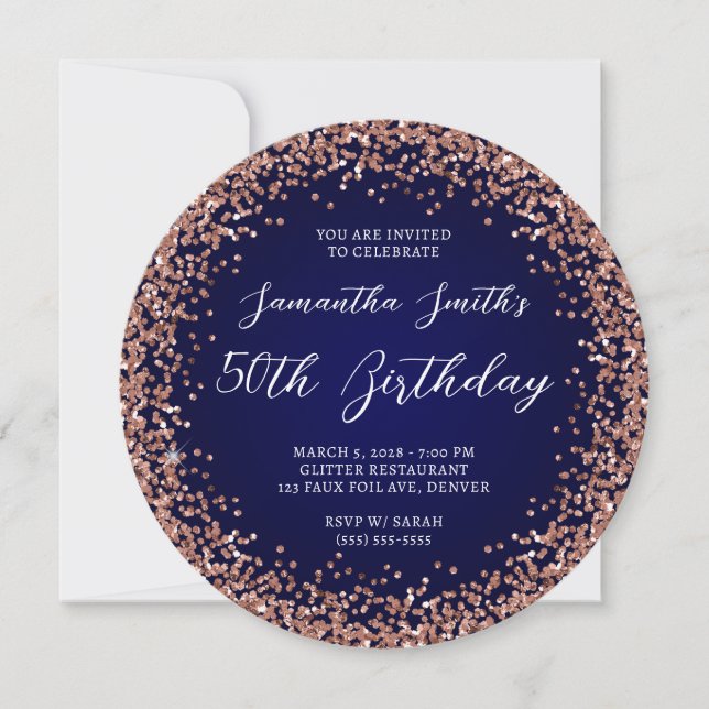 Invitación Rosa Purpurina de Oro Navy Ombre 50 cumpleaños (Anverso)
