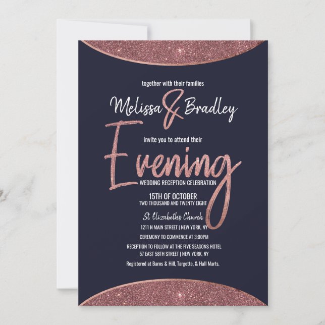 Invitación Rosa Purpurina de oro Navy velada circular azul (Anverso)