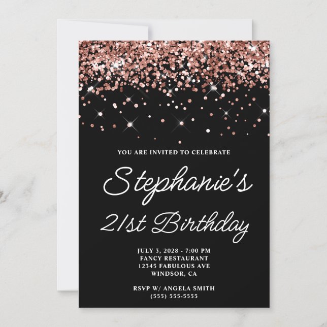 Invitación Rosa Purpurina de Oro Negro 21 cumpleaños (Anverso)